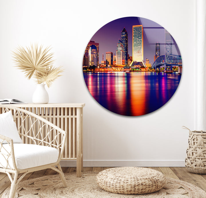 Jacksonville Skyline Glass Wall Art – Stunning View of Florida’s Iconic Downtown at Night