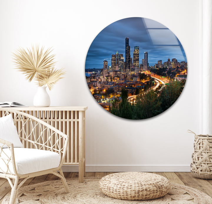 Seattle Skyline Glass Wall Art – Stunning View of Downtown Seattle at Night