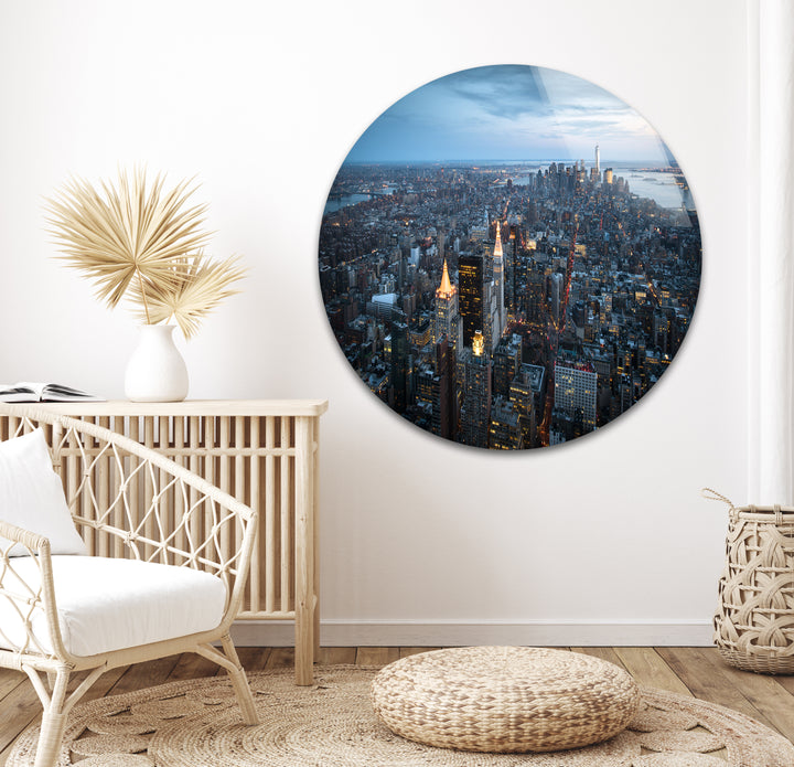 New York City Skyline Glass Wall Art – Stunning Aerial View of Manhattan at Twilight