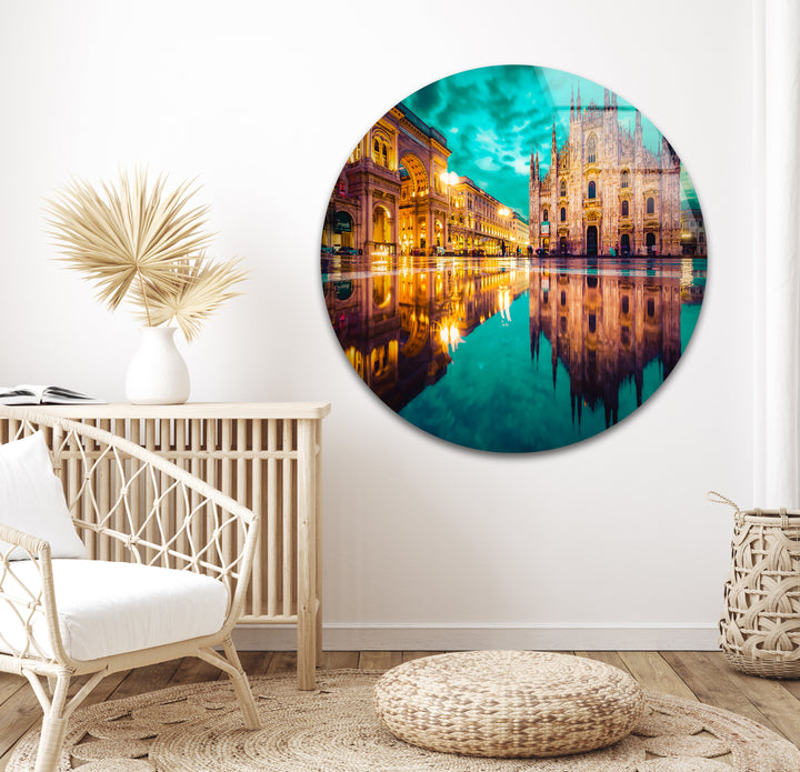 Milan Cityscape Glass Wall Art – Reflected View of Iconic Duomo Cathedral & Galleria Vittorio Emanuele