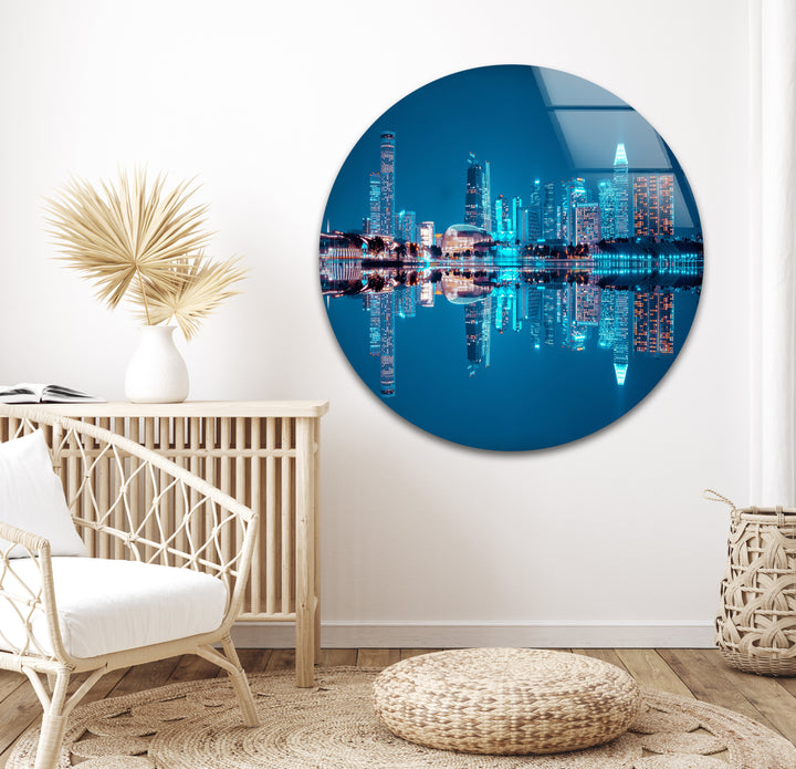 Singapore Skyline Glass Wall Art – Iconic Marina Bay Sands & City Reflections at Night