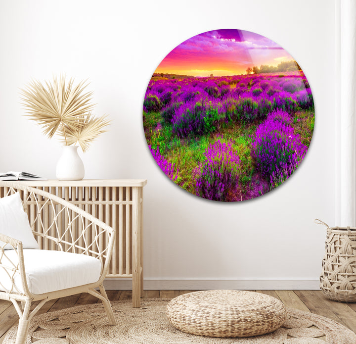 Lavender Field Glass Wall Art – Vibrant Sunset Floral Landscape