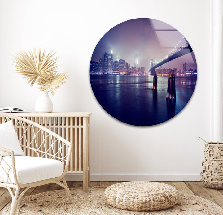 Brooklyn Bridge Glass Wall Art – Stunning New York City Skyline at Night with Brooklyn Bridge