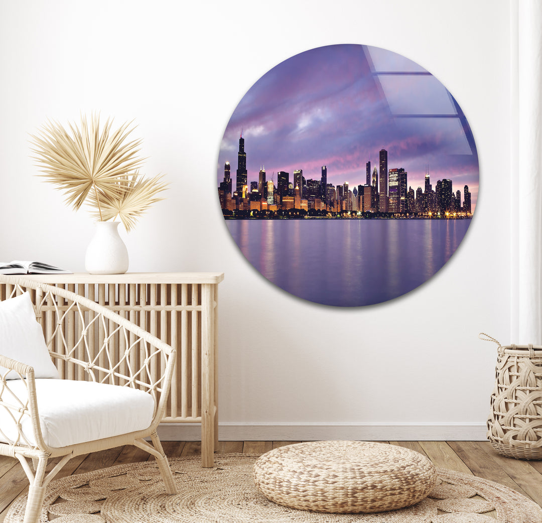 Chicago Skyline Glass Wall Art – Stunning View of Downtown Chicago at Sunset