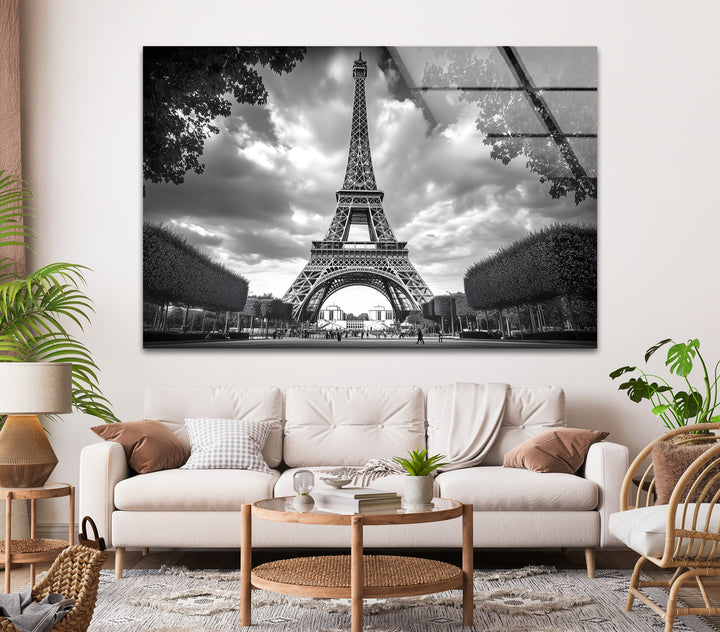 High-definition glass wall art highlighting the elegance and grandeur of the Eiffel Tower in black and white.