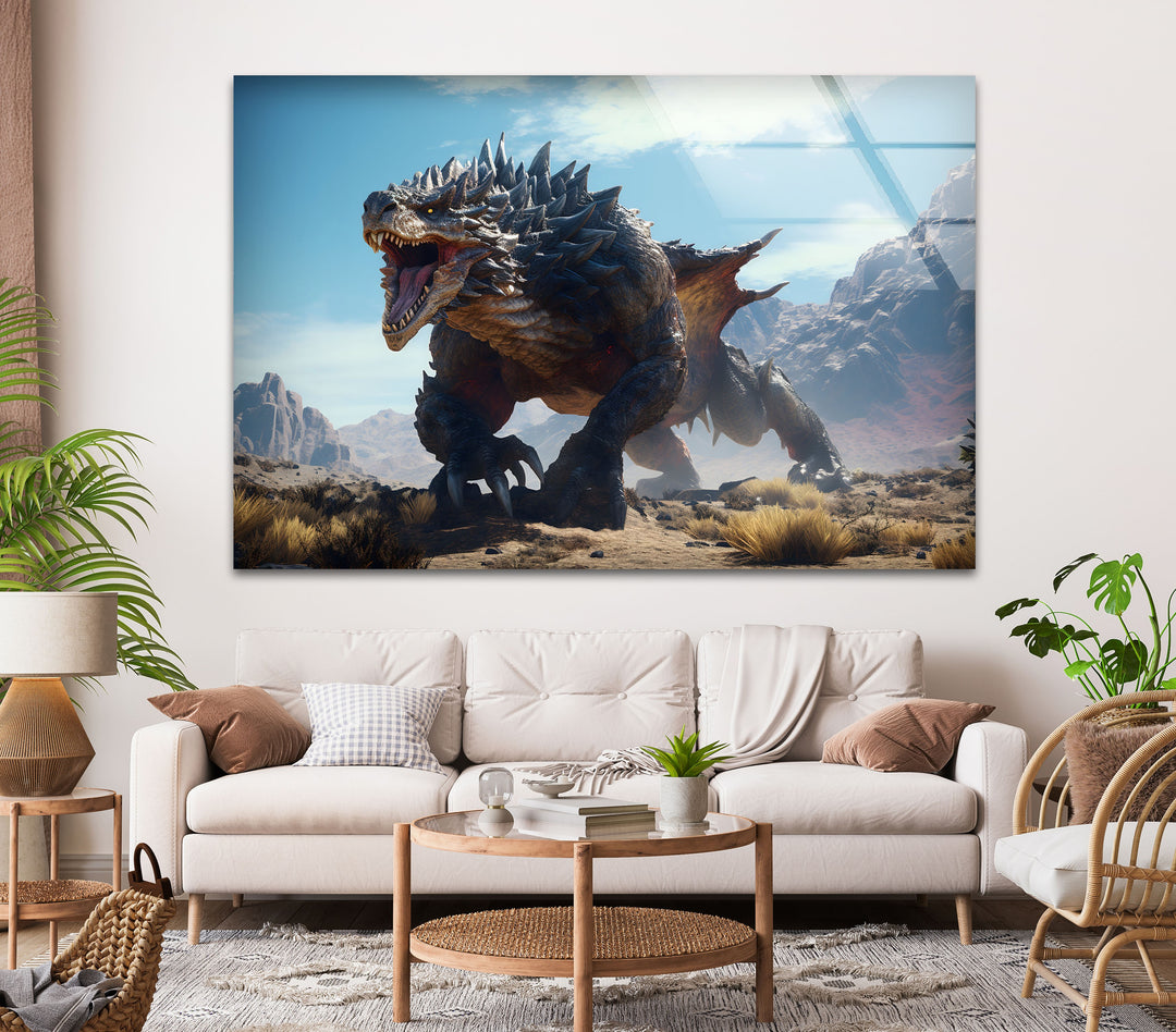 Fierce monster with intense energy, surrounded by a fiery and dramatic landscape.
