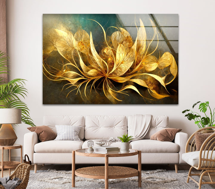 Golden Vivid Flower Glass Wall Art glass wall decor, glass wall art decor
