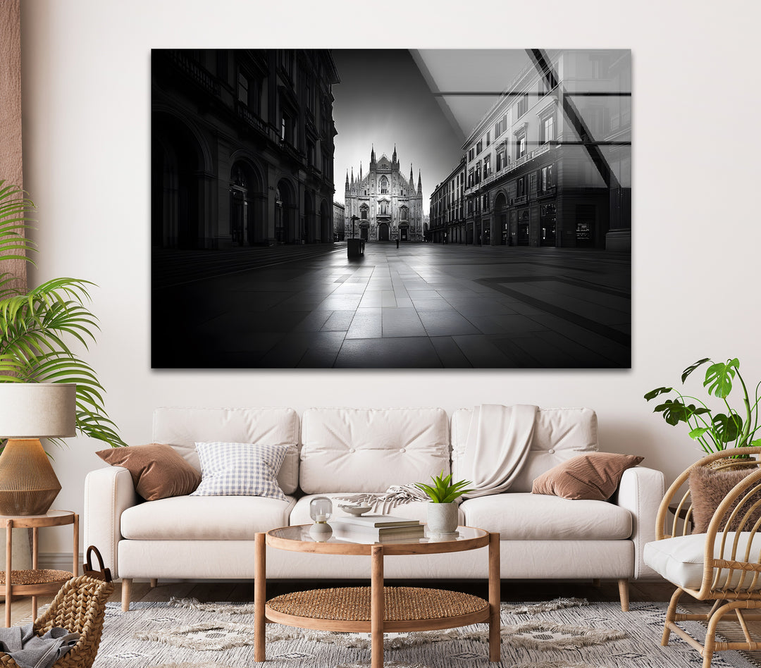 Historic Milan cityscape featuring the Duomo, beautifully presented in black and white glass wall art.
