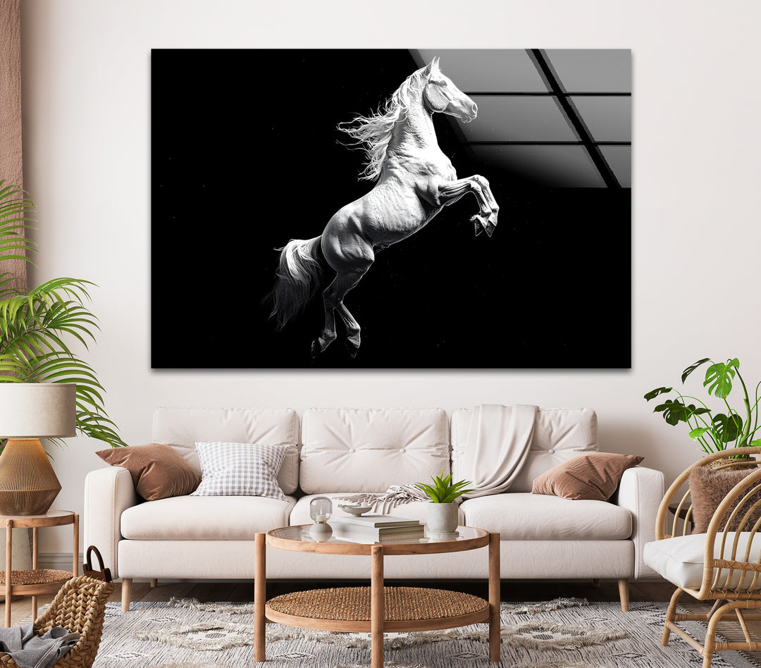 Dramatic contrast and intricate details bring this majestic white horse to life on glass wall art.