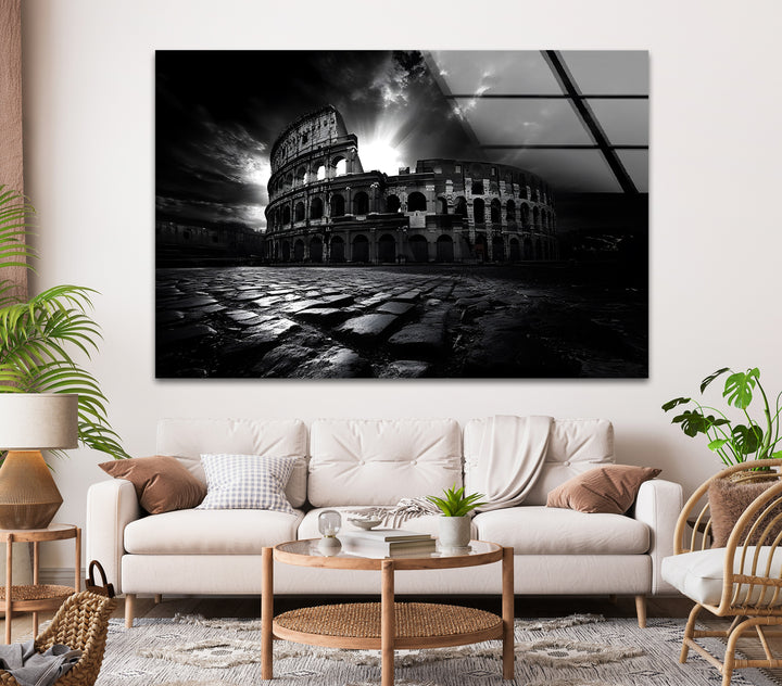 Stunning black-and-white architectural design of the Roman Colosseum on durable glass.
