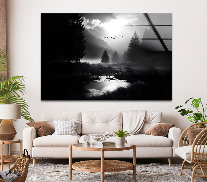 A dreamy, mist-covered mountain valley brought to life in high-definition black and white glass wall art.
