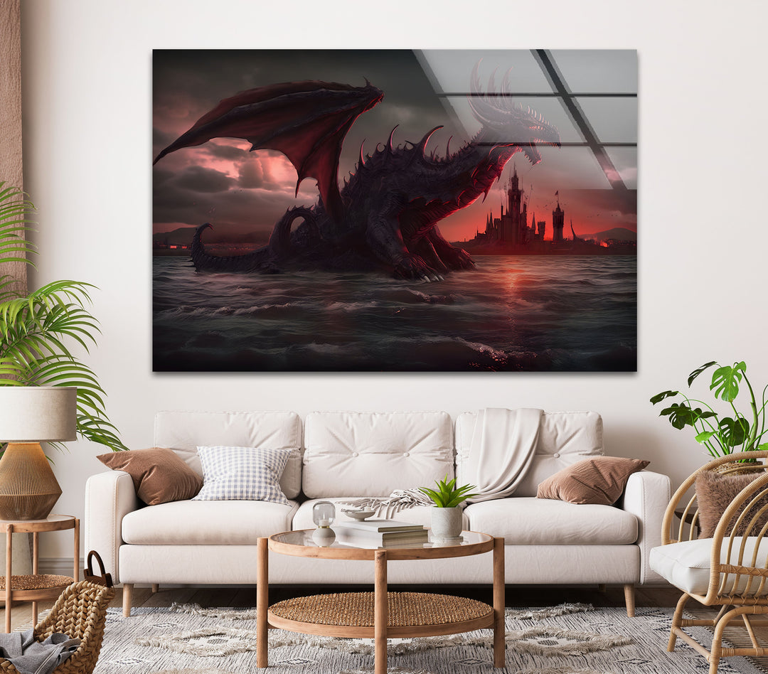 Experience the sheer might of the Inferno Dragon as it unleashes a mighty roar, engulfed in flames. The fiery contrast against the stormy ocean creates an intense, captivating image.
