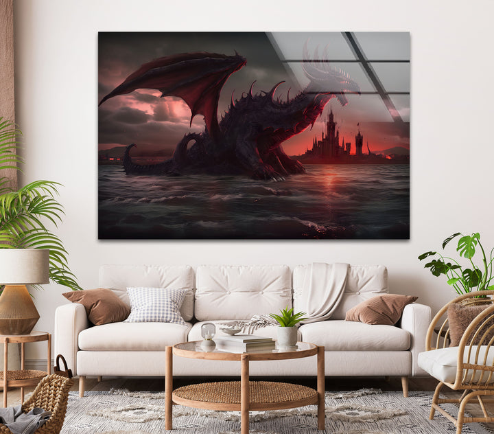 Experience the sheer might of the Inferno Dragon as it unleashes a mighty roar, engulfed in flames. The fiery contrast against the stormy ocean creates an intense, captivating image.
