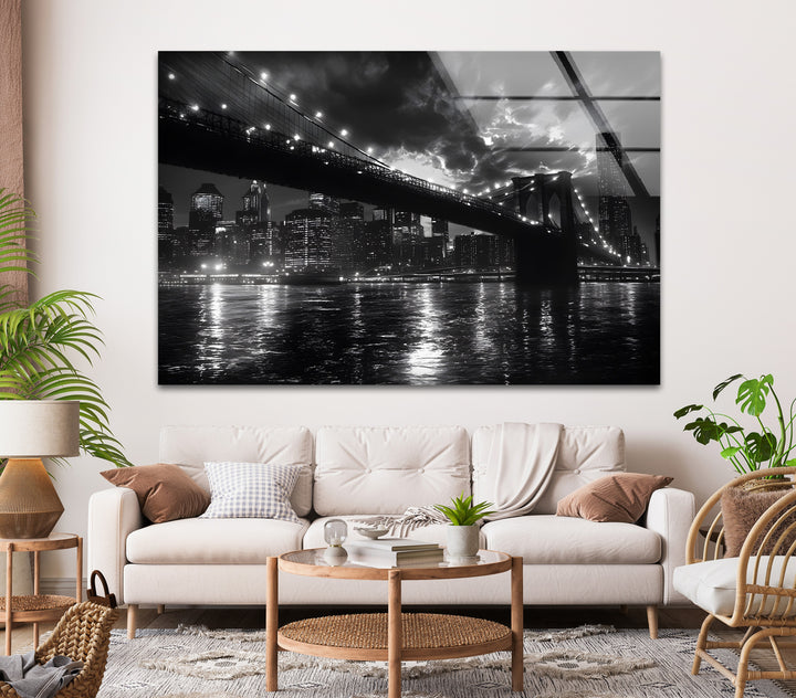 A bold black and white cityscape featuring the Brooklyn Bridge, perfect for urban-inspired decor.
