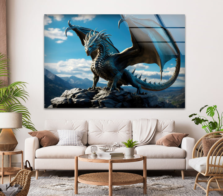 Mighty blue dragon with glowing scales, commanding the mountain peak with grace.
