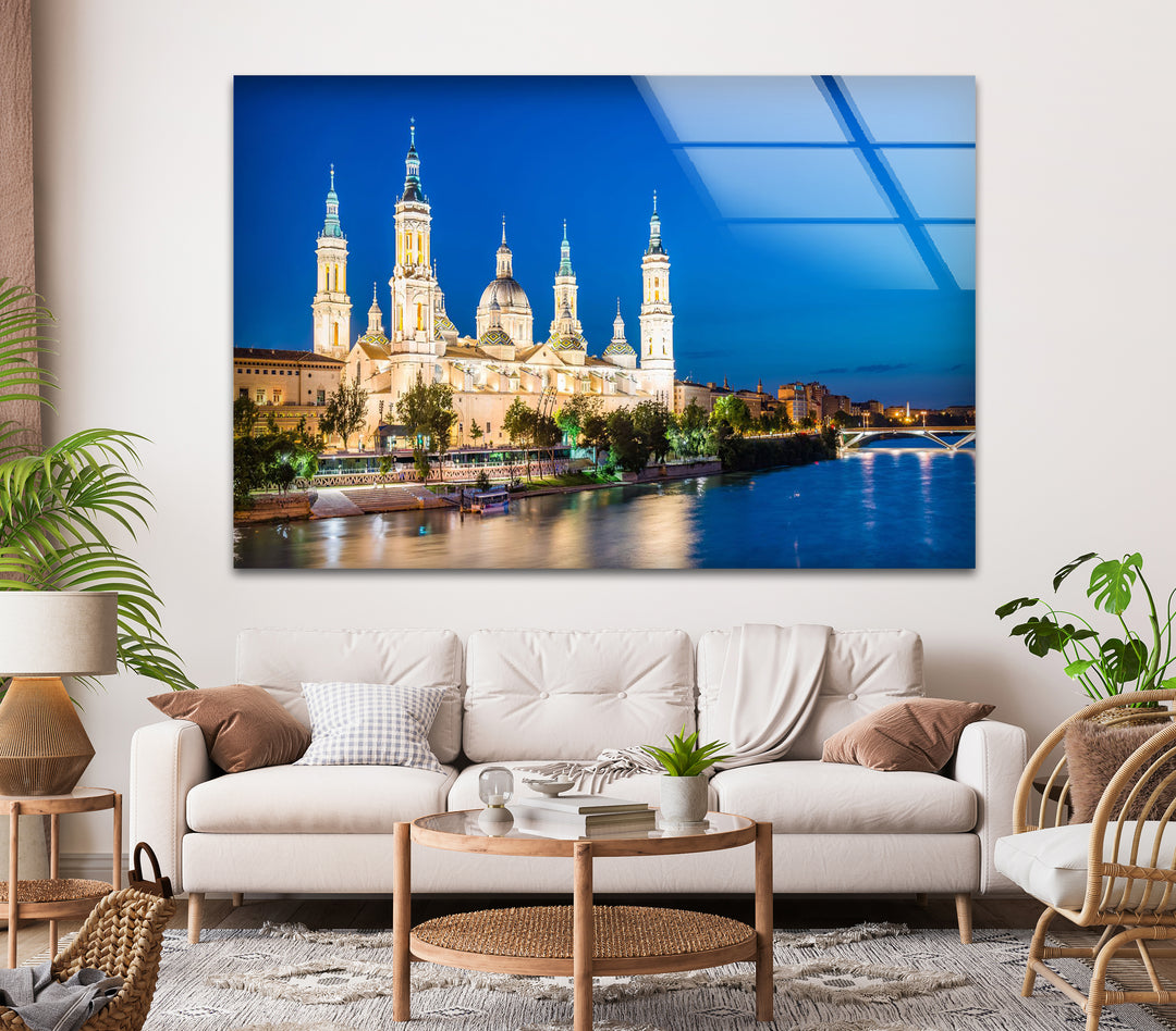 Basilica del Pilar Glass Wall Art – Stunning Night View of Zaragoza’s Iconic Landmark