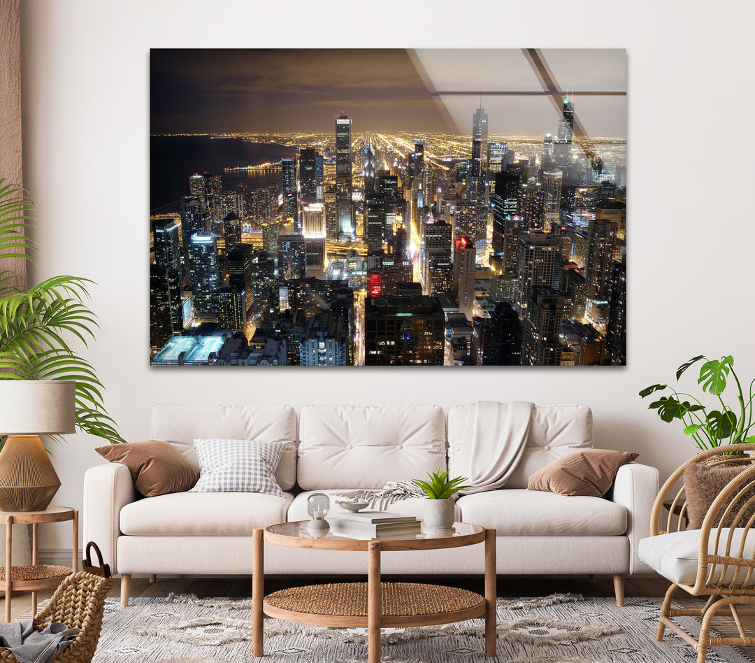 Chicago Cityscape Glass Wall Art – Night Skyline Modern Decor