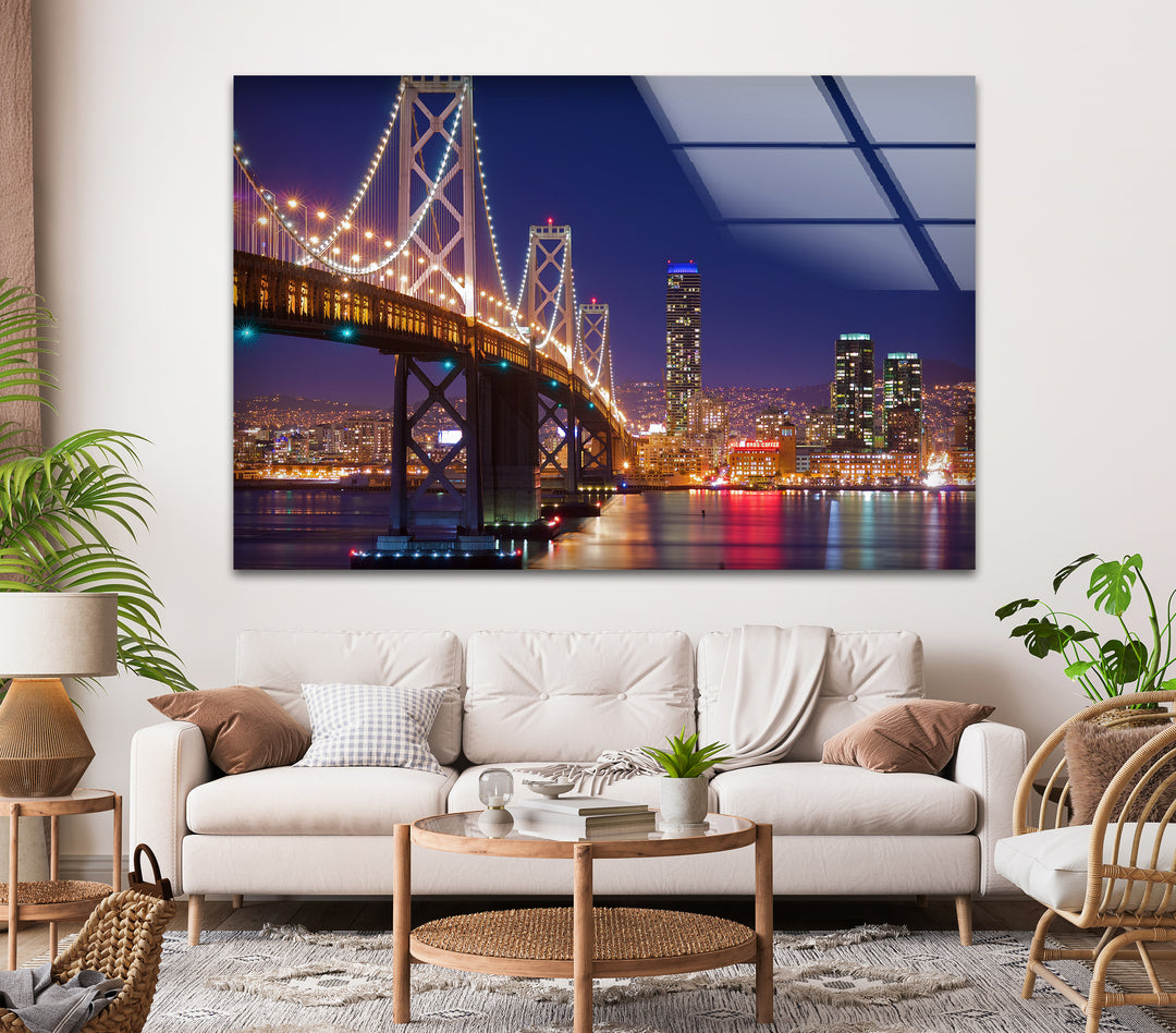 Bay Bridge Glass Wall Art – Iconic San Francisco Cityscape at Night