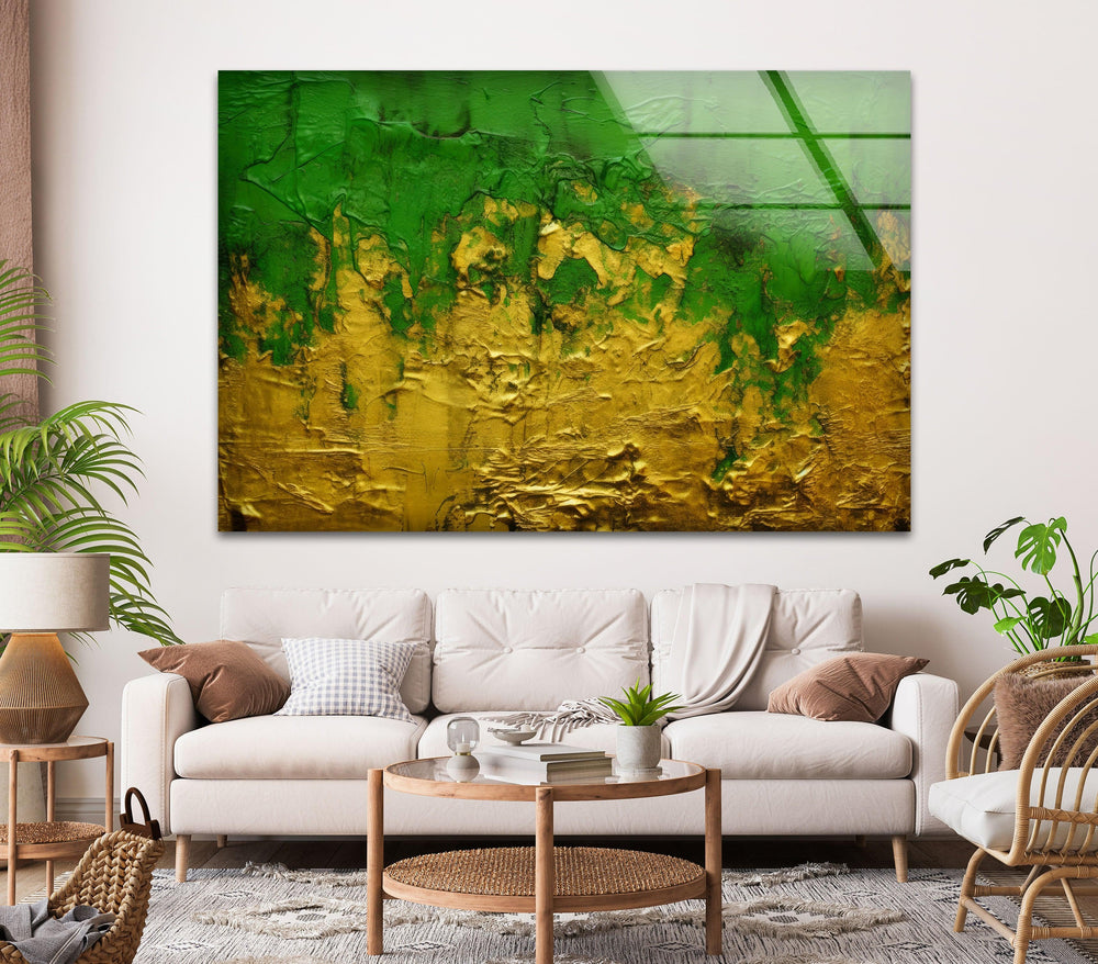 Yellow with Green Grunge Texture Glass Wall Artwork