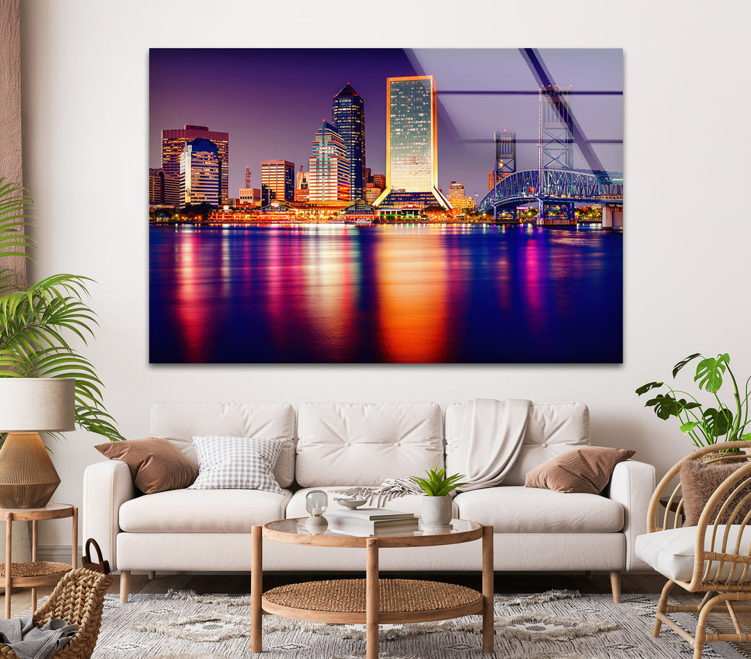 Jacksonville Skyline Glass Wall Art – Stunning View of Florida’s Iconic Downtown at Night