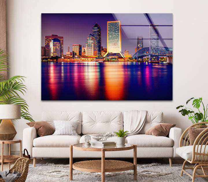 Jacksonville Skyline Glass Wall Art – Stunning View of Florida’s Iconic Downtown at Night