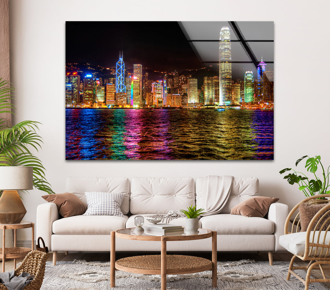 Hong Kong Skyline Glass Wall Art – Vibrant Night Cityscape Decor