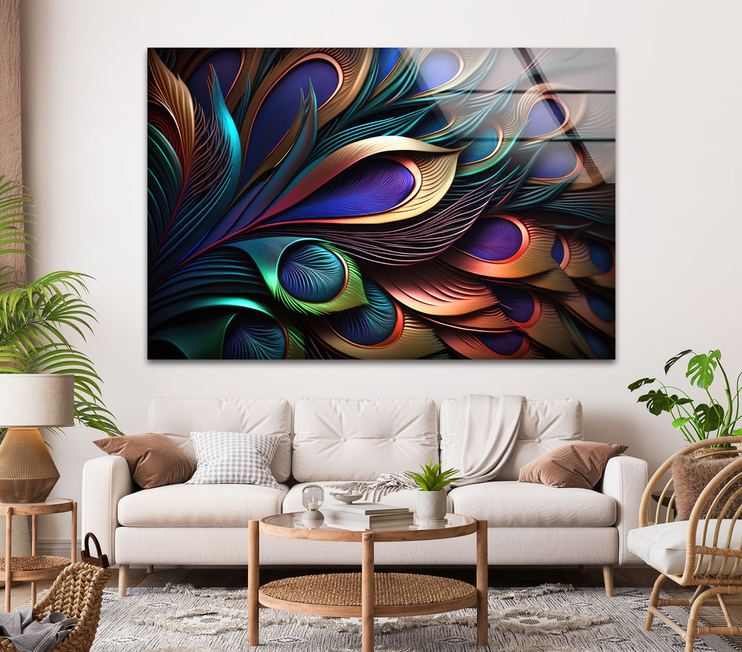 Colored Peacock Feather Glass Wall Art glass art painting, glass art for the Wall