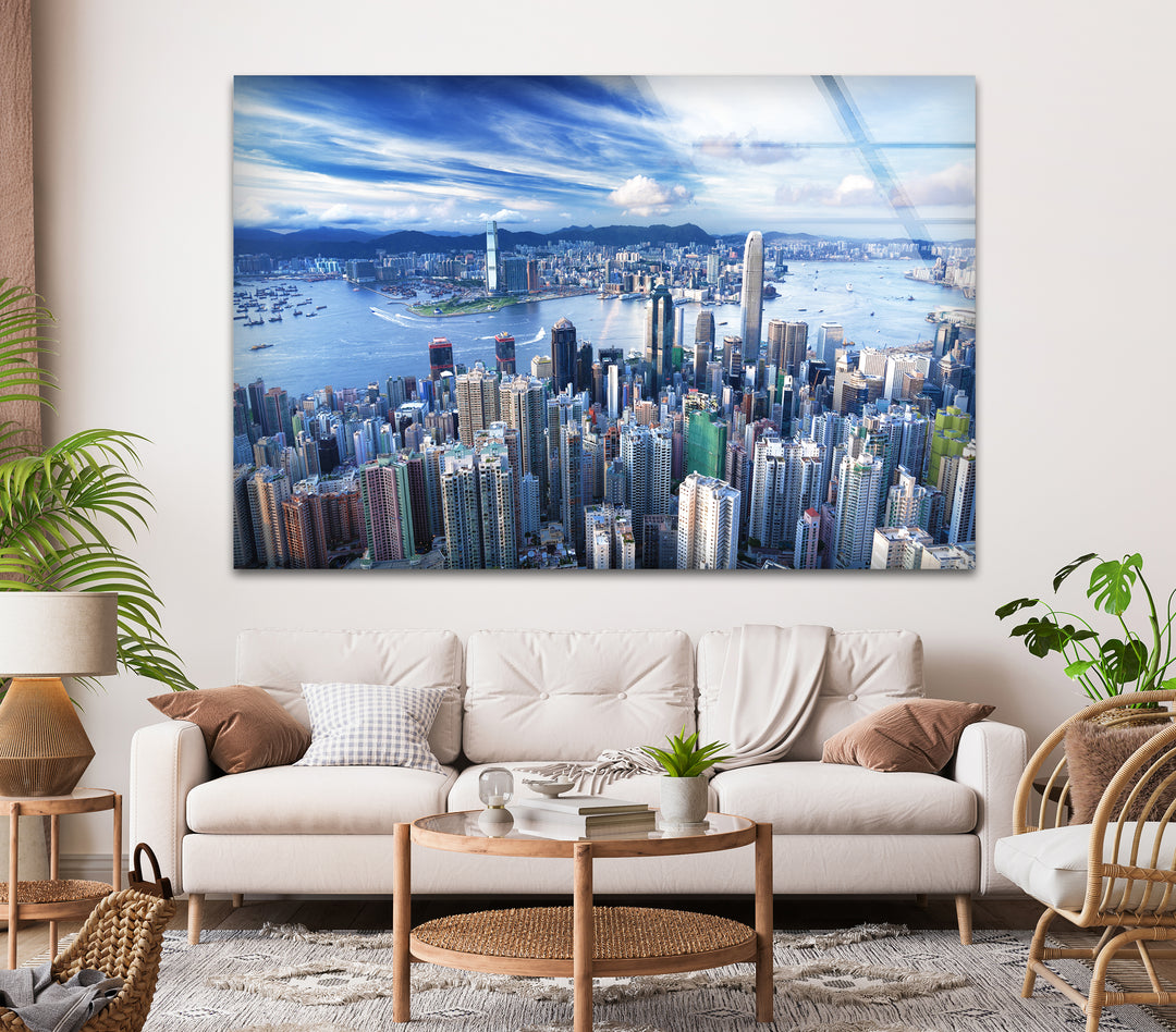 Hong Kong Skyline Glass Wall Art – Aerial Cityscape & Harbor View