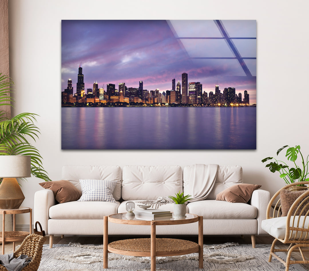 Chicago Skyline Glass Wall Art – Stunning View of Downtown Chicago at Sunset