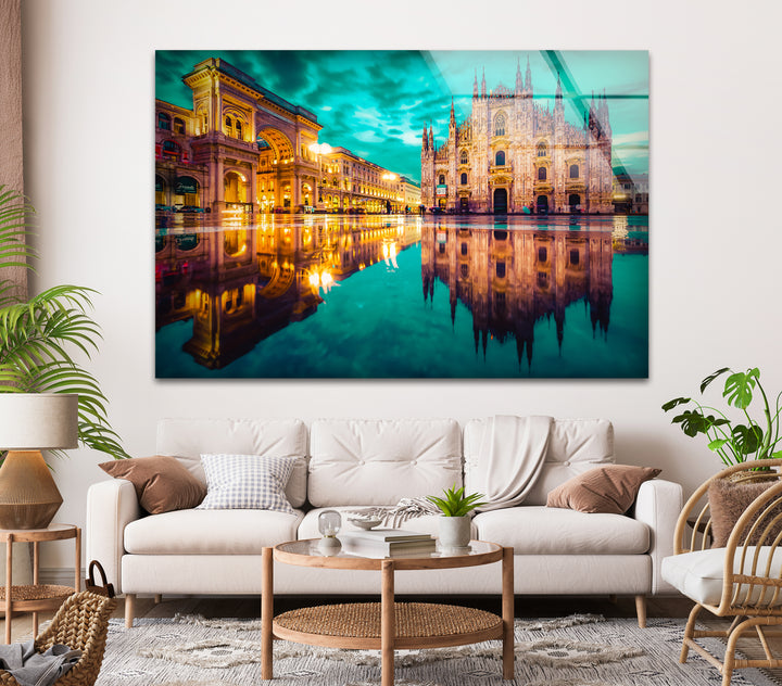 Milan Cityscape Glass Wall Art – Reflected View of Iconic Duomo Cathedral & Galleria Vittorio Emanuele