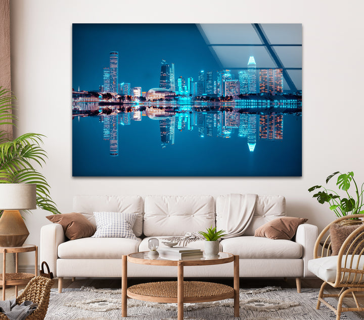 Singapore Skyline Glass Wall Art – Iconic Marina Bay Sands & City Reflections at Night