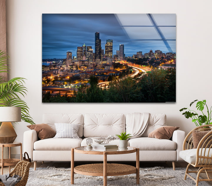 Seattle Skyline Glass Wall Art – Stunning View of Downtown Seattle at Night