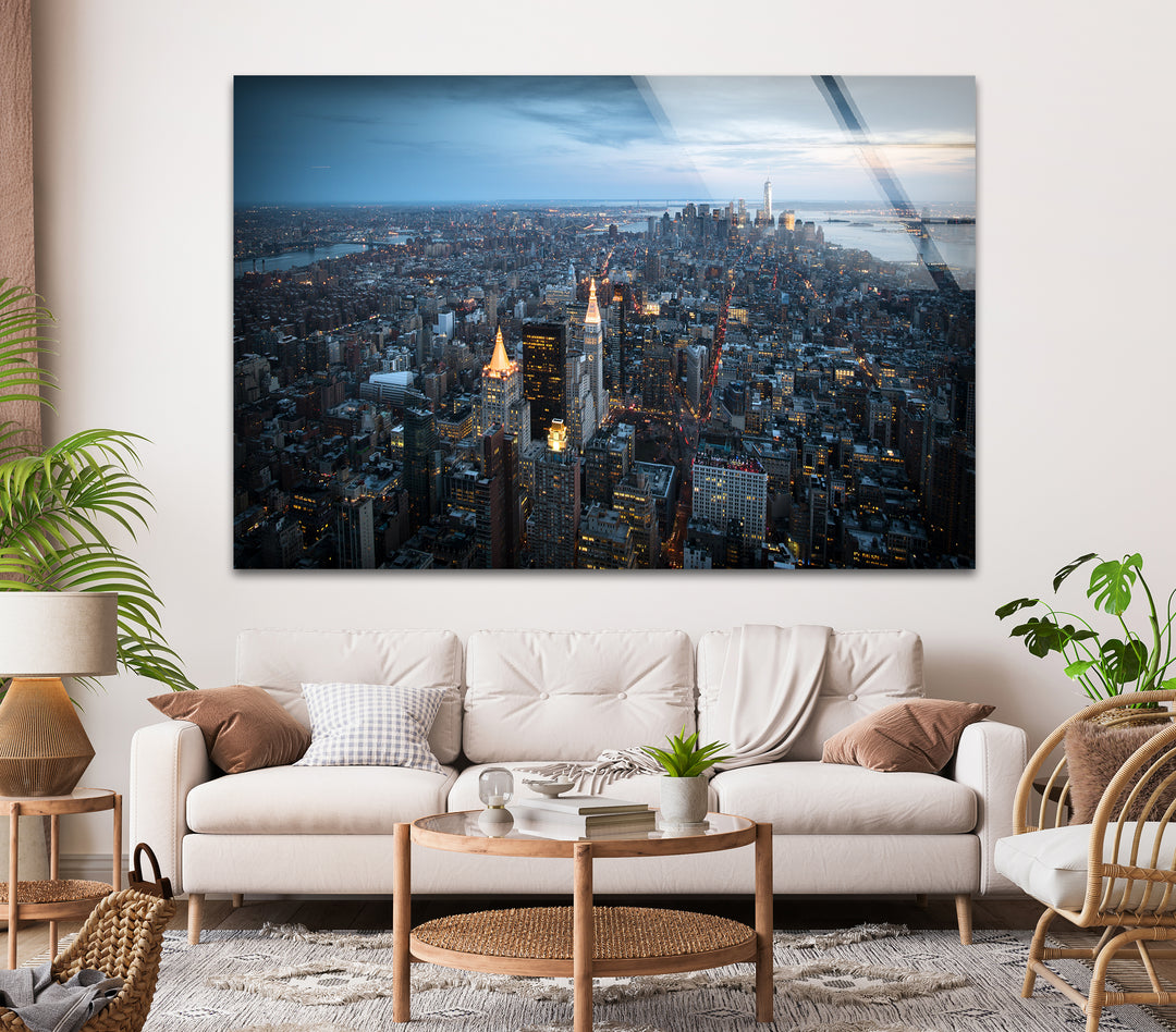 New York City Skyline Glass Wall Art – Stunning Aerial View of Manhattan at Twilight