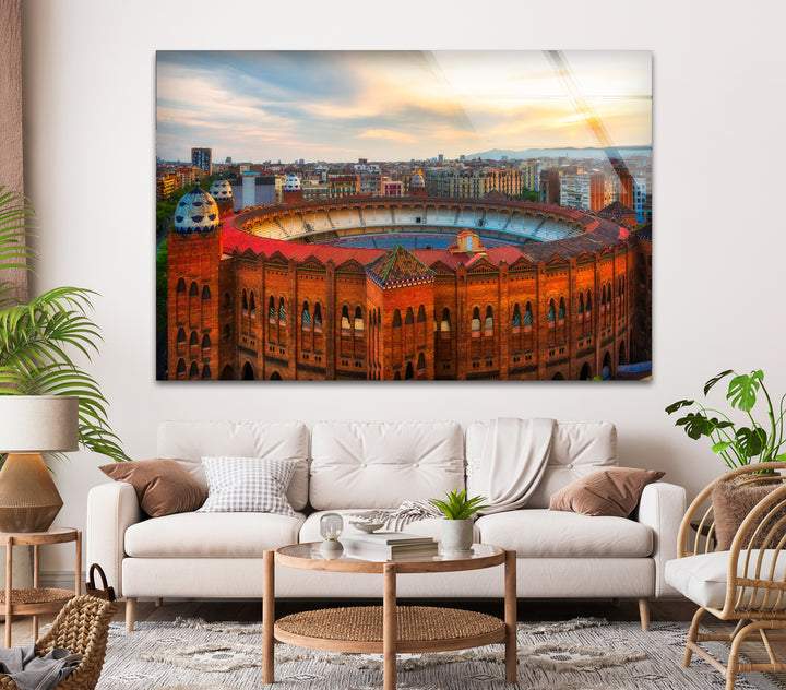 Arena de Barcelona Glass Wall Art – Iconic Spanish Landmark with Historic Architecture