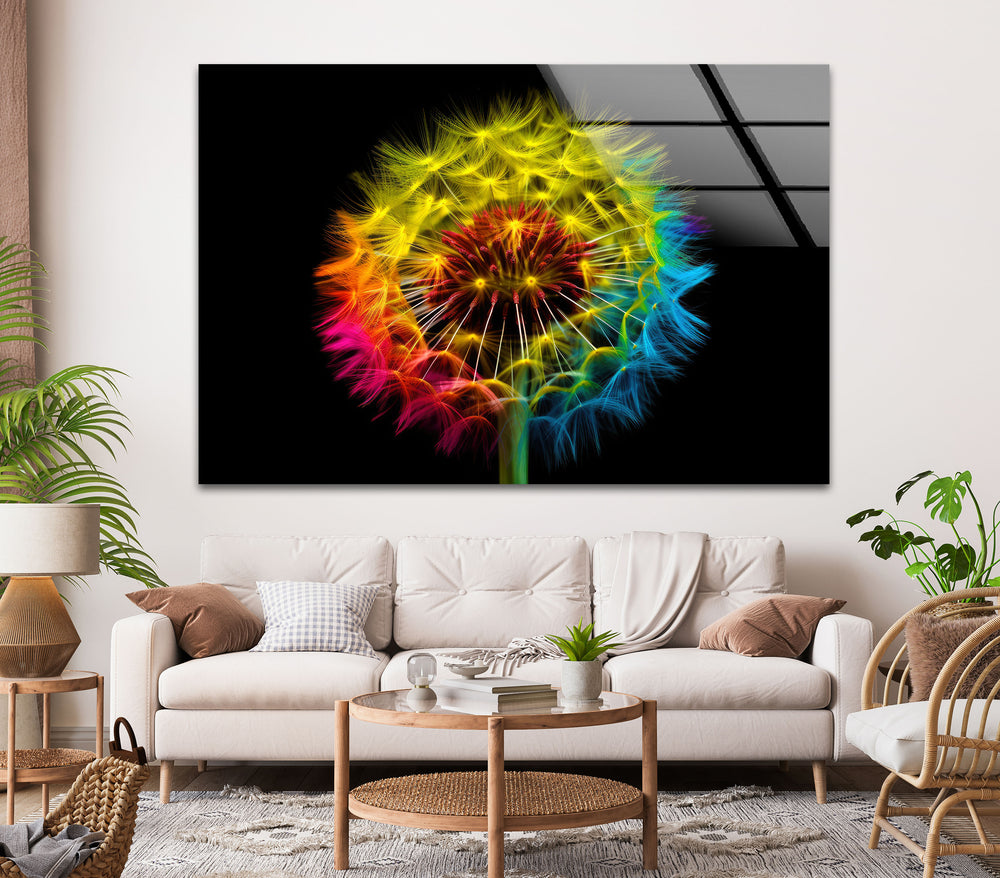 Colorful Dandelion Glass Wall Art, picture on glass wall art, photos printed on glass