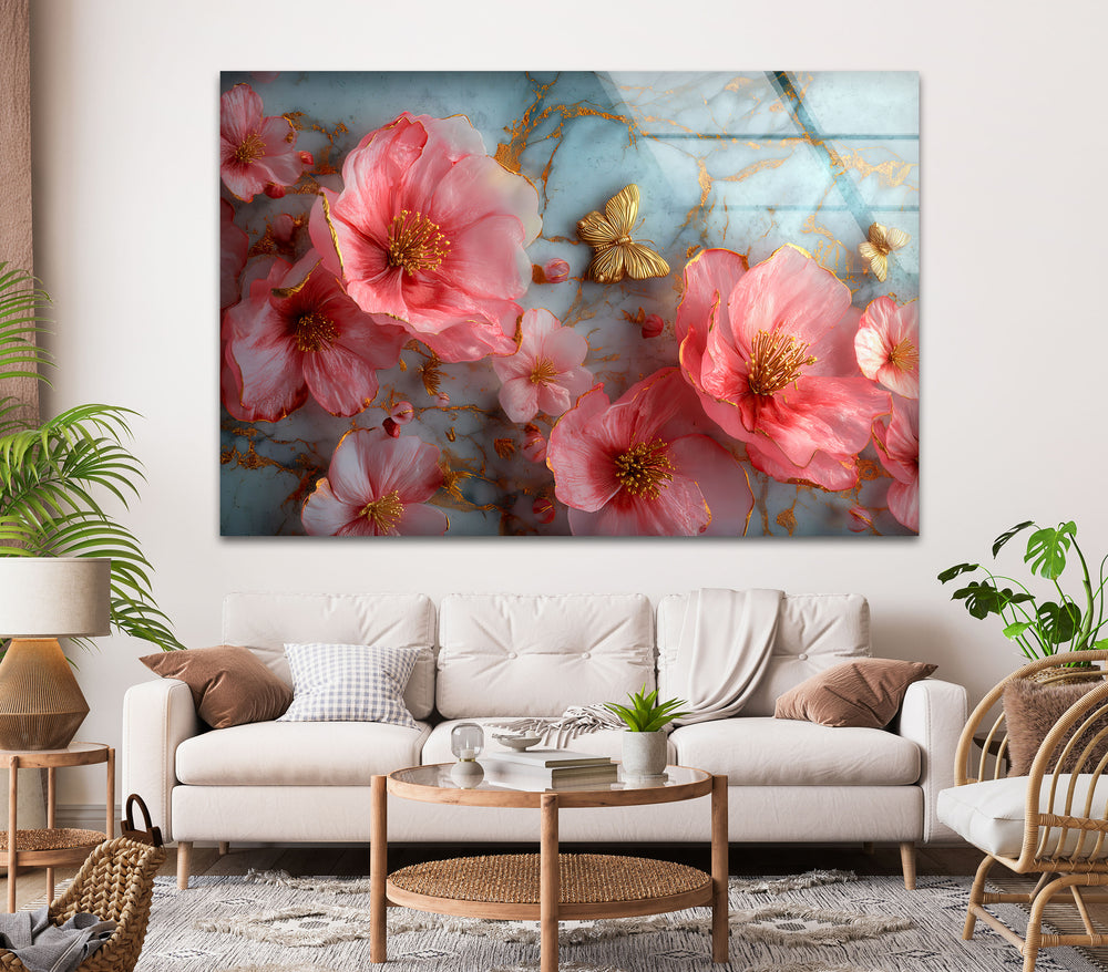 Pink & Gold Floral Glass Wall Art, picture on glass wall art, photos printed on glass