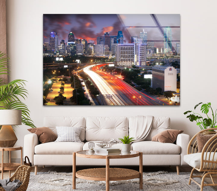 Dallas Skyline Glass Wall Art – Stunning View of Downtown at Dusk