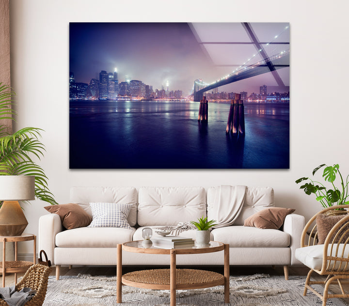 Brooklyn Bridge Glass Wall Art – Stunning New York City Skyline at Night with Brooklyn Bridge