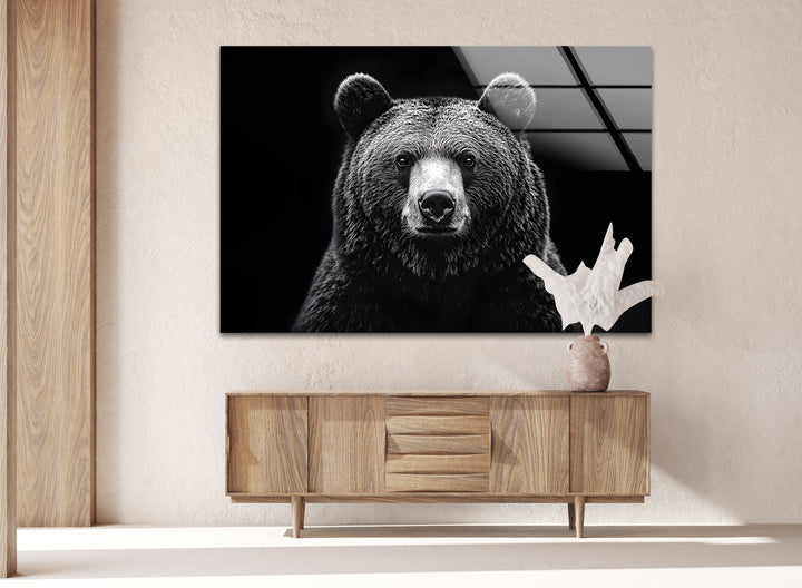 Majestic black bear captured in stunning detail, printed on durable glass for lasting beauty.
