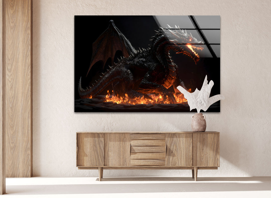 Powerful dragon surrounded by fire, its roar echoing through the fiery landscape.
