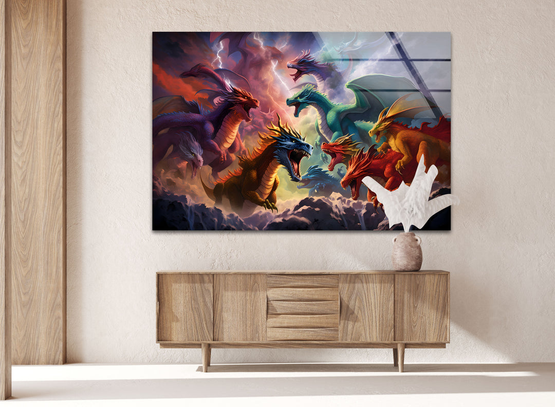 Fantasy Dragons in Action: Vivid and Powerful Glass Wall Art
