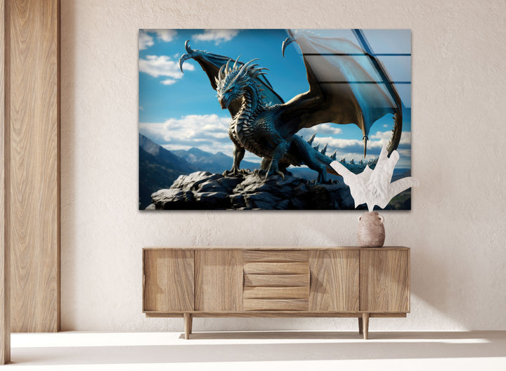 Stunning blue dragon resting on a rocky peak, its powerful presence captivating all.
