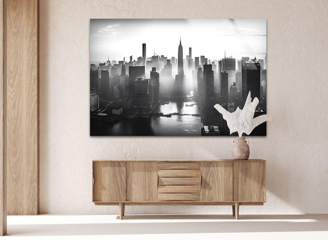 Iconic New York skyline in high-contrast black-and-white, printed on durable glass for a striking effect.
