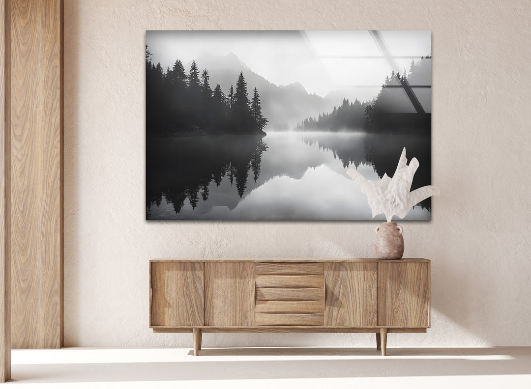 Misty Mountain Reflection: A stunning black-and-white design of mountains and their reflection in misty waters.
