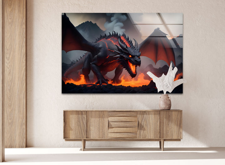 Fierce dragon in a fiery storm, its roar echoing across the burning landscape.
