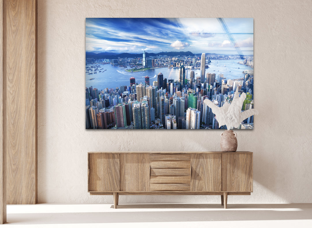 Hong Kong Skyline Glass Wall Art – Aerial Cityscape & Harbor View