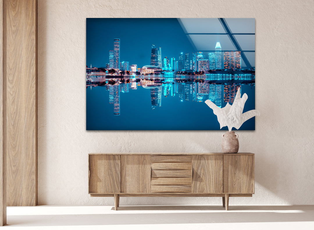 Singapore Skyline Glass Wall Art – Iconic Marina Bay Sands & City Reflections at Night