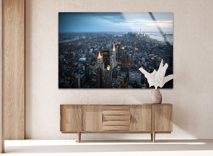 New York City Skyline Glass Wall Art – Stunning Aerial View of Manhattan at Twilight