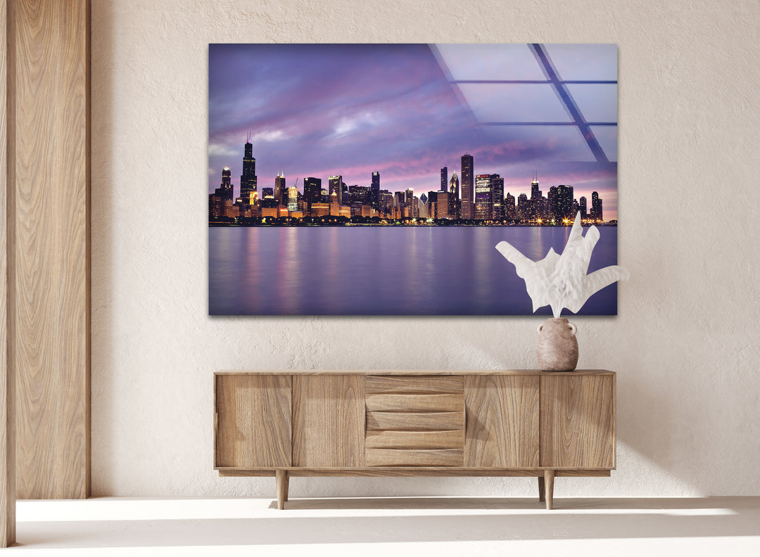 Chicago Skyline Glass Wall Art – Stunning View of Downtown Chicago at Sunset