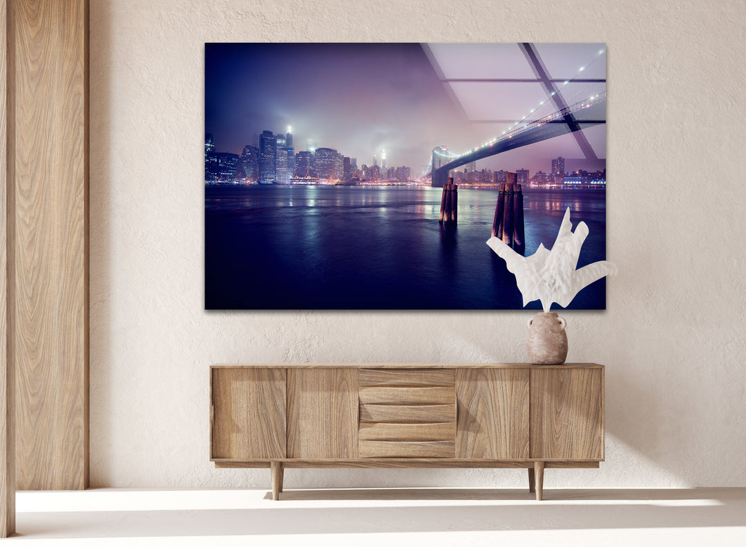 Brooklyn Bridge Glass Wall Art – Stunning New York City Skyline at Night with Brooklyn Bridge